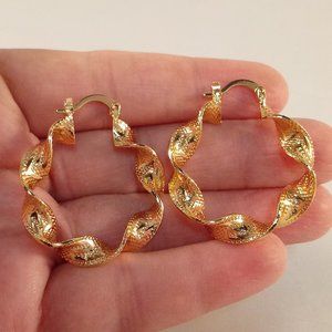 18K Yellow Gold Filled Hoop Carved Swirl Twist Beaded Hoop Earrings Gift